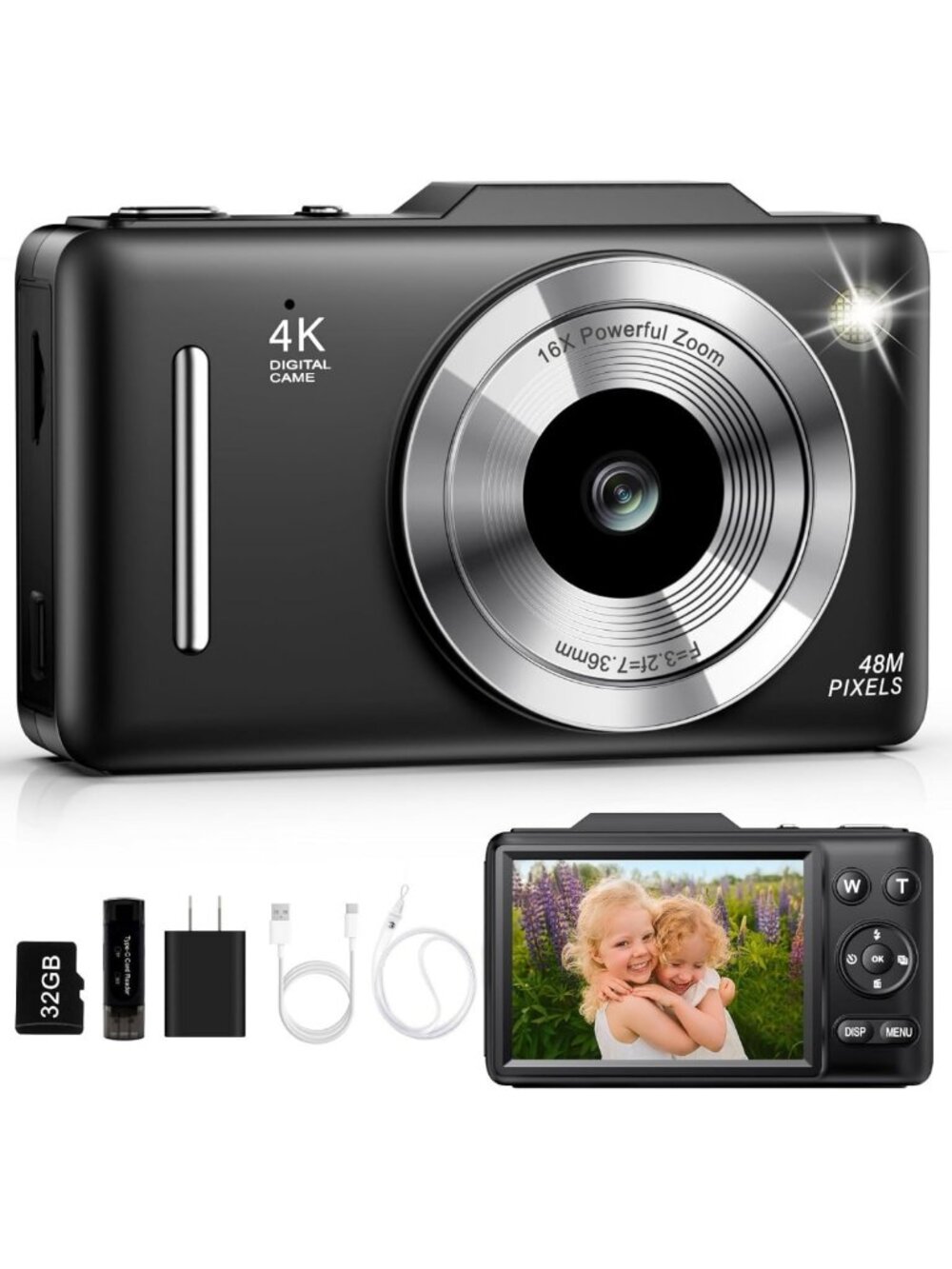 4K Digital Camera for Kids - 48MP Autofocus, 16X Zoom, Anti-Shake, Compact